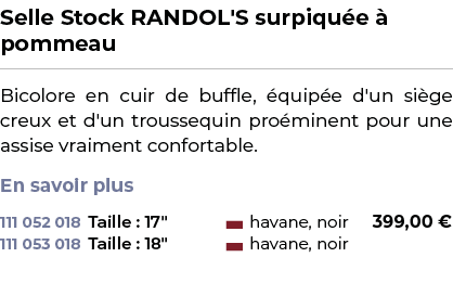 ﻿Selle Stock RANDOL'S surpiqu e  pommeau﻿ ￼ ﻿Bicolore en cuir de buffle,  quip e d'un si ge creux et d'un troussequi...