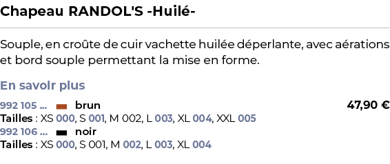 ﻿Chapeau RANDOL'S Huil ﻿ ￼ ﻿Souple, en cro te de cuir vachette huil e d perlante, avec a rations et bord souple perm...