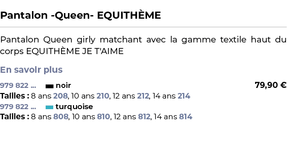  ﻿Pantalon Queen EQUITH ME﻿ ￼ ﻿Pantalon Queen girly matchant avec la gamme textile haut du corps EQUITH ME JE T'AIME ...