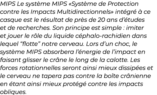 ﻿MIPS Le syst me MIPS «Syst me de Protection contre les Impacts Multidirectionnels» int gr   ce casque est le r sult...