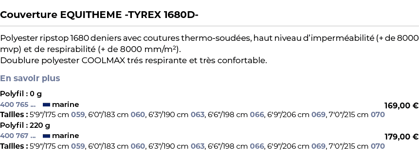  ﻿Couverture EQUITHEME TYREX 1680D ﻿ ￼ ﻿Polyester ripstop 1680 deniers avec coutures thermo soud es, haut niveau d’im...