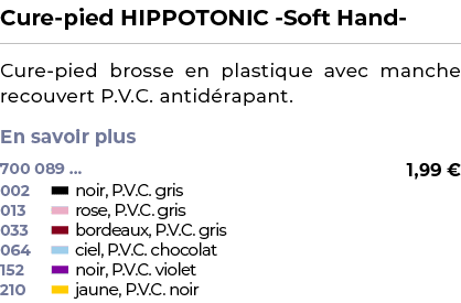 ﻿Cure pied HIPPOTONIC Soft Hand ﻿ ￼ ﻿Cure pied brosse en plastique avec manche recouvert P.V.C. antid rapant. En savo...