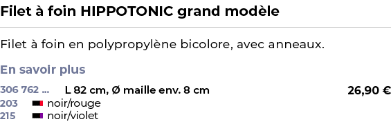 ﻿Filet  foin HIPPOTONIC grand mod le﻿ ￼ ﻿Filet   foin en polypropyl ne bicolore, avec anneaux. En savoir plus ﻿ 