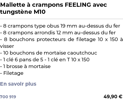 ﻿Mallette  crampons FEELING avec tungst ne M10﻿ ￼ ﻿ 8 crampons type obus 19 mm au dessus du fer 8 crampons arrondis ...