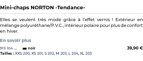  ﻿Mini chaps NORTON Tendance ﻿ ￼ ﻿Elles se veulent tr s mode gr ce  l’effet vernis ! Ext rieur en m lange polyur tha...