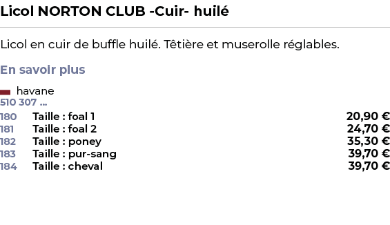 ﻿Licol NORTON CLUB Cuir huil ﻿ ￼ ﻿Licol en cuir de buffle huil . T ti re et muserolle r glables. En savoir plus ﻿ 