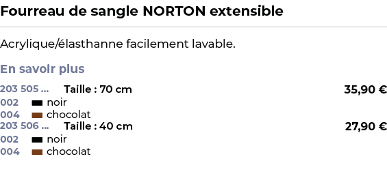 ﻿Fourreau de sangle NORTON extensible﻿ ￼ ﻿Acrylique/ lasthanne facilement lavable. En savoir plus ﻿ 