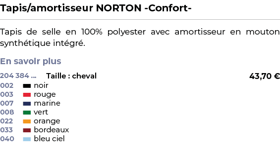 ﻿Tapis/amortisseur NORTON Confort ﻿ ￼ ﻿Tapis de selle en 100% polyester avec amortisseur en mouton synth tique int gr...