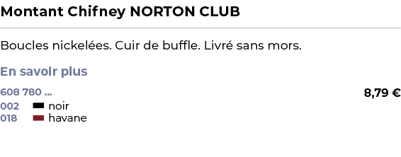 ﻿Montant Chifney NORTON CLUB﻿ ￼ ﻿Boucles nickel es. Cuir de buffle. Livr sans mors. En savoir plus ﻿ 