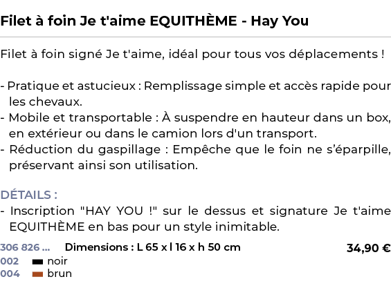  ﻿Filet  foin Je t'aime EQUITH ME Hay You﻿ ￼ ﻿Filet   foin sign  Je t'aime, id al pour tous vos d placements ! Prati...