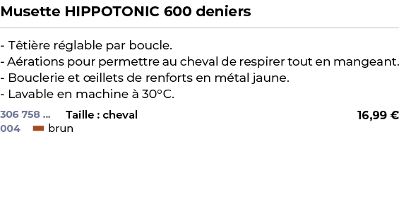 ﻿Musette HIPPOTONIC 600 deniers﻿ ￼ ﻿ T ti re r glable par boucle. A rations pour permettre au cheval de respirer tout...