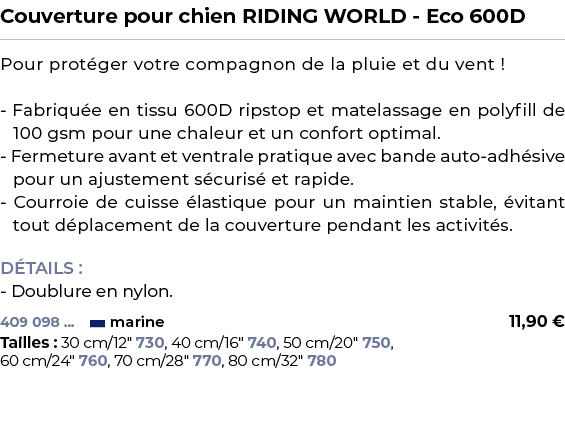 ﻿Couverture pour chien RIDING WORLD Eco 600D﻿ ￼ ﻿Pour prot ger votre compagnon de la pluie et du vent ! Fabriqu e en ...