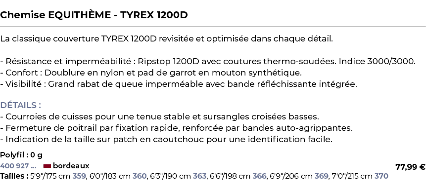  ﻿Chemise EQUITH ME TYREX 1200D﻿ ￼ ﻿La classique couverture TYREX 1200D revisit e et optimis e dans chaque d tail. R ...