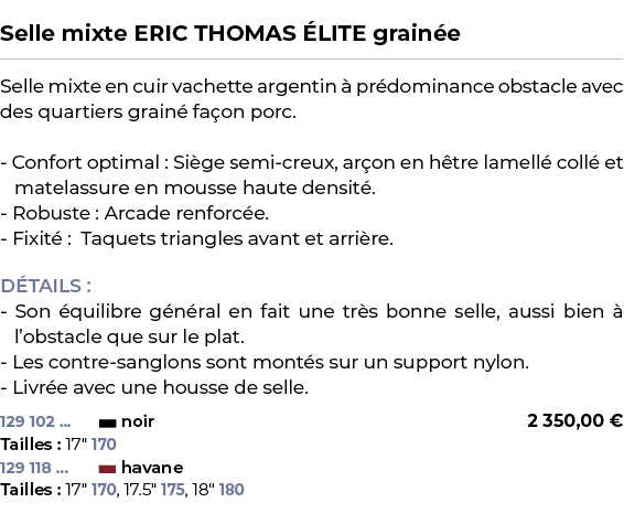  ﻿Selle mixte ERIC THOMAS LITE grain e﻿ ￼ ﻿Selle mixte en cuir vachette argentin   pr dominance obstacle avec des qu...