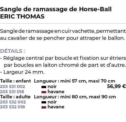  ﻿Sangle de ramassage de Horse Ball ERIC THOMAS﻿ ￼ ﻿Sangle de ramassage en cuir vachette, permettant au cavalier de s...