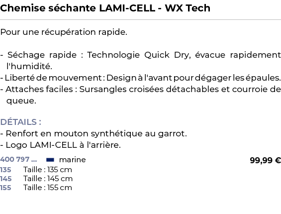 ﻿Chemise s chante LAMI CELL WX Tech﻿ ￼ ﻿Pour une r cup ration rapide. S chage rapide : Technologie Quick Dry, vacue ...