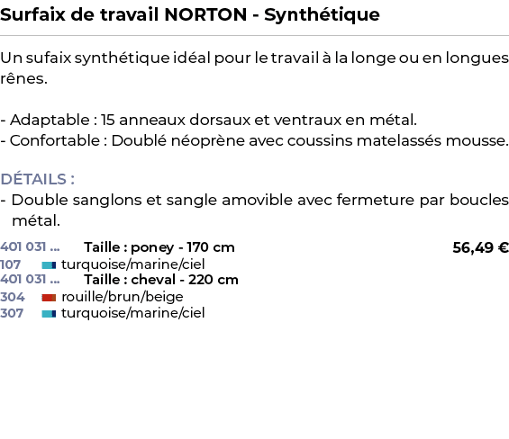 ﻿Surfaix de travail NORTON Synth tique﻿ ￼ ﻿Un sufaix synth tique id al pour le travail  la longe ou en longues r nes...