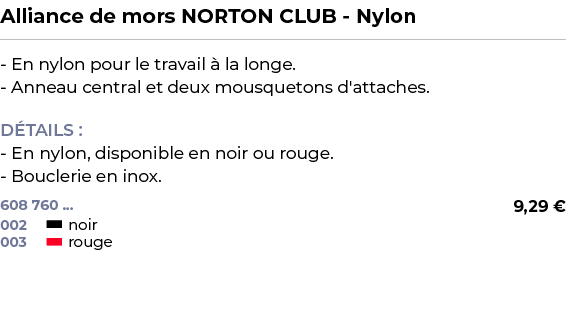 ﻿Alliance de mors NORTON CLUB Nylon﻿ ￼ ﻿ En nylon pour le travail  la longe. Anneau central et deux mousquetons d'at...