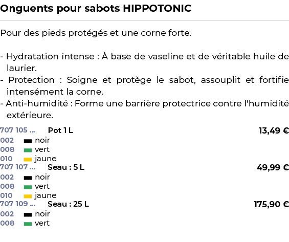 ﻿Onguents pour sabots HIPPOTONIC﻿ ￼ ﻿Pour des pieds prot g s et une corne forte. Hydratation intense :  base de vase...