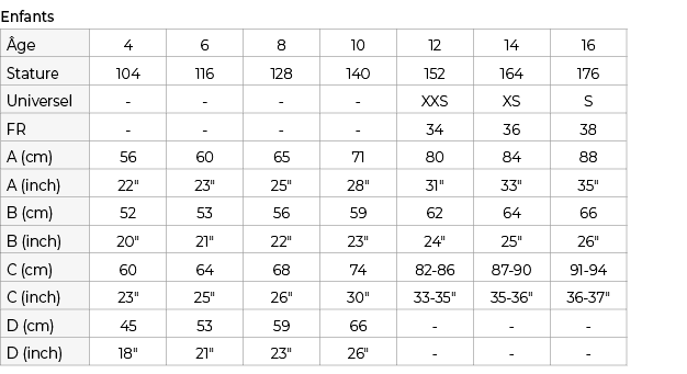 Enfants, ge,4,6,8,10,12,14,16,Stature,104,116,128,140,152,164,176,Universel, , , , ,XXS,XS,S,FR, , , , ,34,36,38,A (c...