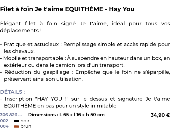  ﻿Filet  foin Je t'aime EQUITH ME Hay You﻿ ￼ ﻿ l gant filet   foin sign  Je t'aime, id al pour tous vos d placements...