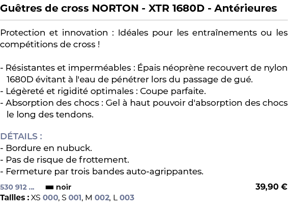 ﻿Gu tres de cross NORTON XTR 1680D Ant rieures﻿ ￼ ﻿Protection et innovation : Id ales pour les entra nements ou les c...