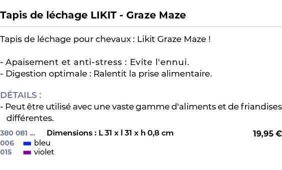  ﻿Tapis de l chage LIKIT Graze Maze﻿ ￼ ﻿Tapis de l chage pour chevaux : Likit Graze Maze ! Apaisement et anti stress ...