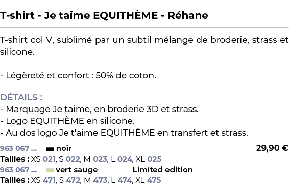  ﻿T shirt Je taime EQUITH ME R hane﻿ ￼ ﻿T shirt col V, sublim par un subtil m lange de broderie, strass et silicone....