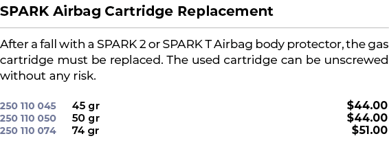 SPARK Airbag Cartridge Replacement﻿ ￼ ﻿After a fall with a SPARK 2 or SPARK T Airbag body protector, the gas cartrid...