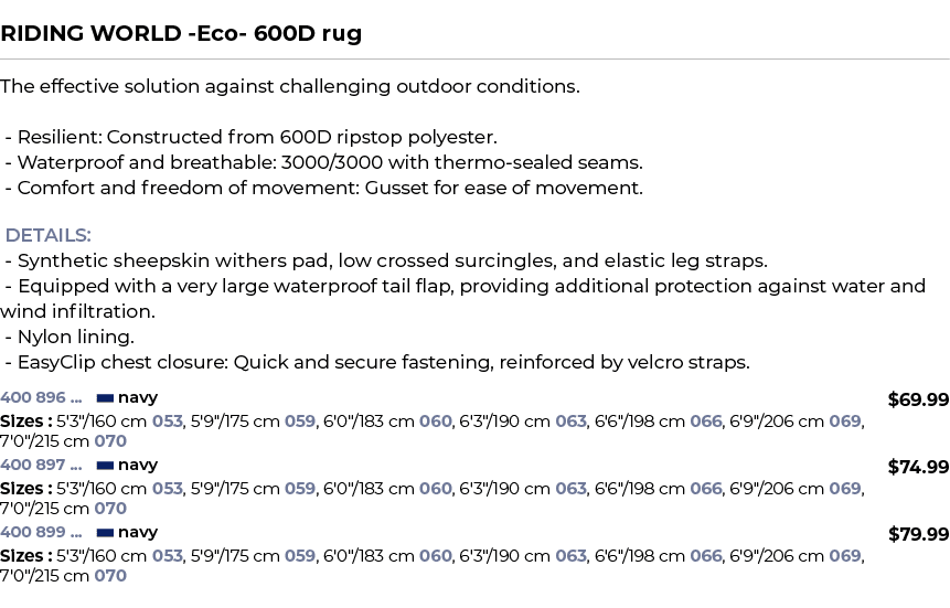  ﻿RIDING WORLD Eco 600D rug﻿ ￼ ﻿The effective solution against challenging outdoor conditions. Resilient: Constructed...